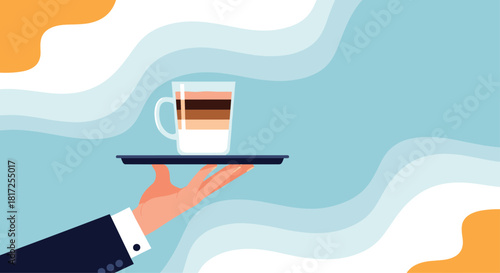 Waiter's hand in a suit holding a silver tray with a layered latte coffee drink against a stylish abstract background.