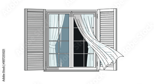 Open window with classic wooden shutters and a white curtain gently blowing in the breeze creating a calm peaceful mood.