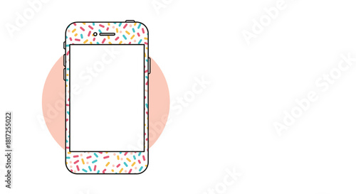 Modern smartphone mockup with a blank white screen and a fun colorful candy sprinkle pattern case with copy space for text.