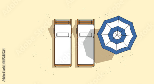 Top-down aerial view of two empty beach lounge chairs and a sun umbrella on a sandy shore for a perfect summer vacation.