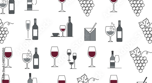 Seamless repeating pattern of wine bottles glasses and grape bunches in a minimalist gray and red line art style for menus.