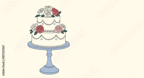 Elegant two-tiered wedding cake decorated with beautiful pink and white roses sitting on a classic blue cake stand design.