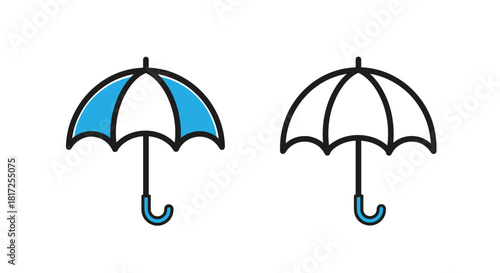 Simple umbrella icon shown in two styles a blue and white colored version and a plain black outline for weather forecasts.