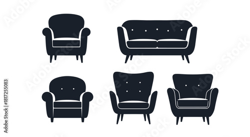 Collection of five black silhouette icons of comfortable modern and vintage armchairs and a sofa for interior design concepts.