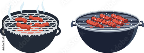 Grilled sausages on a barbecue with smoke rising, cooking on a charcoal grill under outdoor sunlight, food preparation in the garden, isolated on a transparent background