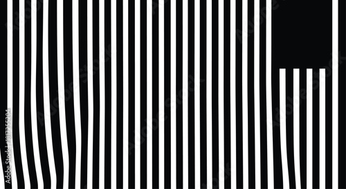 Abstract black and white background featuring vertical stripes that create an optical illusion similar to a distorted barcode.