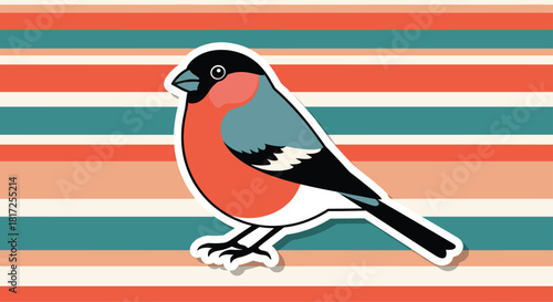 Cute cartoon bullfinch bird sticker sitting on a colorful retro-striped background in shades of orange and teal for design.