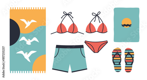 Set of summer beach vacation essentials including a bikini swim trunks flip-flops and towels with a minimalist design aesthetic.