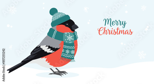 Merry Christmas greeting card featuring a cute bullfinch bird wearing a winter hat and scarf in a snowy landscape scene.