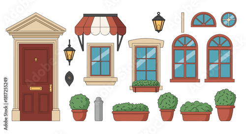 Set of classic architectural elements including a door windows lamps and potted plants to construct a building facade design.