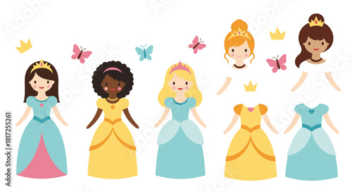 Cute paper doll set with three diverse princesses and interchangeable dresses allowing for creative dress-up play and fun.