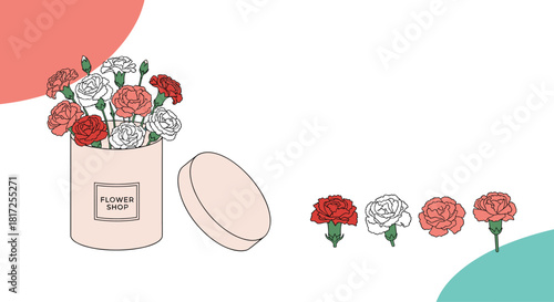 Illustration of a flower shop gift box filled with beautiful red and white carnations with extra flowers for custom designs.