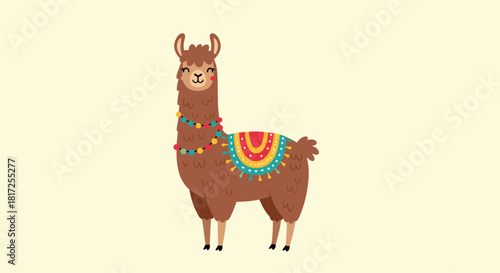 Adorable smiling cartoon llama with a colorful decorative saddle and necklace standing on a pale yellow isolated background.