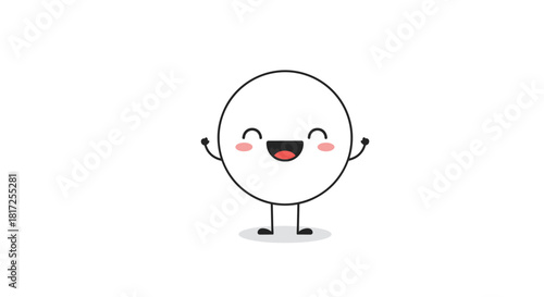 Simple and happy cartoon character of a circle with a smiling face hands and legs waving cheerfully on a white background.