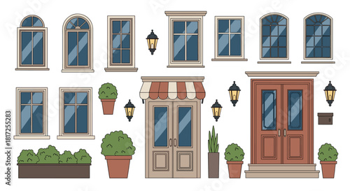 Collection of classic architectural exterior elements including various windows doors lamps and potted plants for building design.
