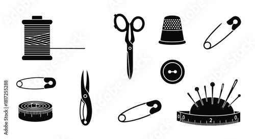 Set of black silhouette icons for sewing and tailoring including thread scissors buttons a thimble and measuring tape design.