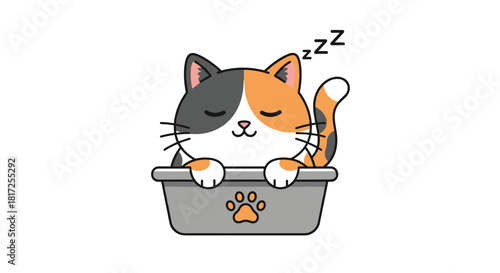 Cute cartoon calico cat sleeping peacefully in a small gray bed with a paw print design on it dreaming sweet kitty dreams.