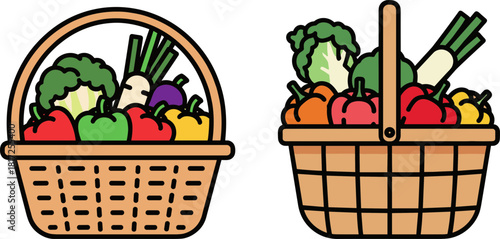 Baskets filled with fresh vegetables including peppers, broccoli, and radishes on a transparent background, vibrant colors, healthy food choice, dietary lifestyle