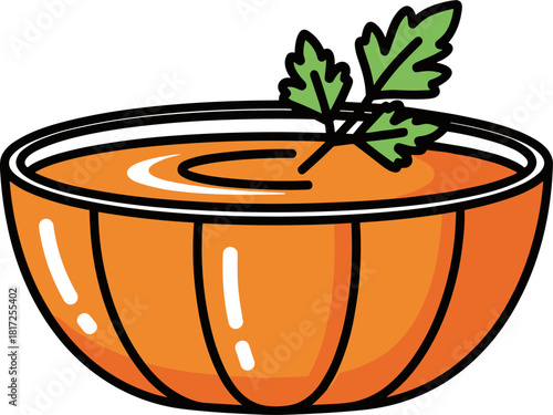 Delicious orange soup served in a bowl with a green garnish on a transparent background, perfect for autumn meals and cozy gatherings during cool evenings.