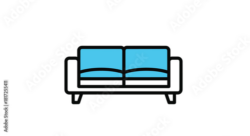 A simple and modern icon of a two-seater sofa or loveseat with blue cushions and a black outline is isolated on a white background.