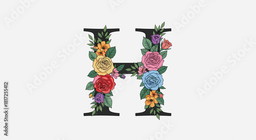 The uppercase letter H is beautifully decorated with a variety of colorful hand-drawn flowers including red yellow pink and purple roses.