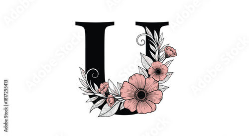 Elegant black uppercase letter U is beautifully decorated with delicate hand-drawn pink flowers and intricate leaves for a lovely floral monogram.