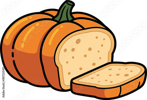 Sliced pumpkin bread with golden crust and soft texture on a transparent background in a bright, colorful, cartoon style with exaggerated shapes and vibrant orange color.
