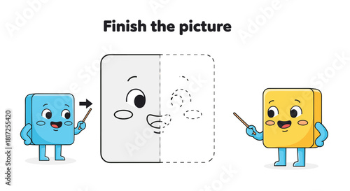 An educational finish the picture game for children featuring a cute square character that kids can complete by tracing the dotted lines.