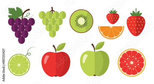 A colorful and delicious assortment of fresh healthy fruits is displayed in a flat design style isolated on a simple white background.