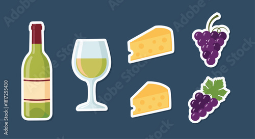 A collection of wine and cheese themed stickers shows a bottle of white wine a full glass grapes and wedges of swiss cheese on a dark background.