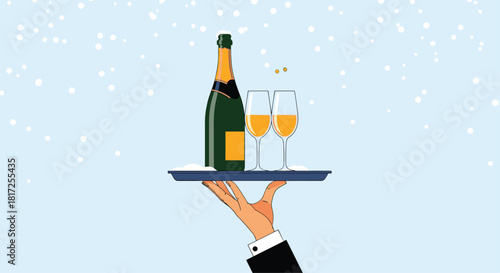 A waiter's hand in a crisp white cuff holds a serving tray with a bottle of champagne and two full glasses under gently falling snow.