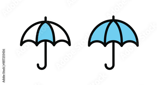 A simple and clean umbrella icon is shown in two styles one as an outline with blue panels and the other fully colored in light blue.