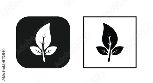 A simple and clean leaf icon is presented in two variations one in white on a black rounded square and one in black on a white background.