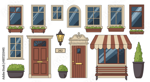 A detailed collection of classic architectural elements includes various windows doors potted plants a lantern and a shopfront with an awning.