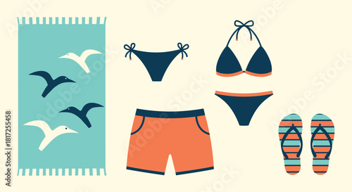 A collection of essential summer beach items including swimwear a towel and flip-flops is illustrated in a simple retro flat design style.