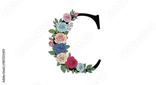 The uppercase letter C is beautifully decorated with an arrangement of elegant roses in various shades of pink blue and red with green leaves.