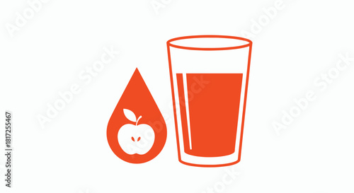 A simple orange icon set for apple juice includes a drop with an apple inside and a full glass isolated on a white background.