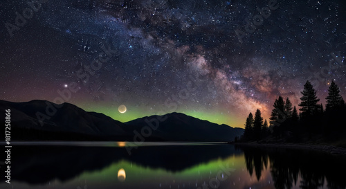 Stunning milky way over lake with moon reflection