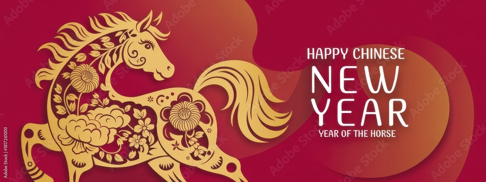 Fototapeta premium Happy Chinese new year banner with horse on red background. Vector illustration for banner, posters, flyers, greeting cards and invitation. 