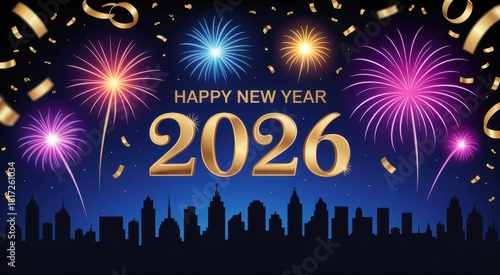 Vibrant fireworks celebrate 2026 over city skyline with happy new year message
