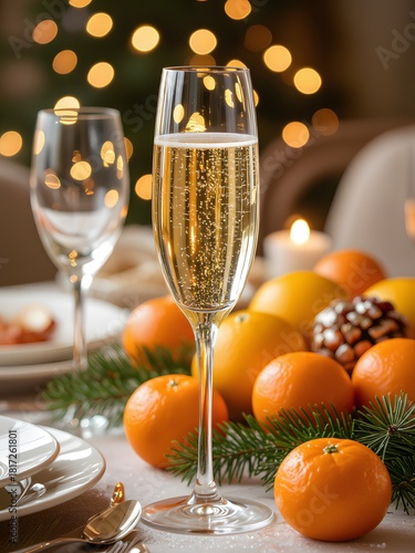 Glass of bubbly champagne surrounded by vibrant tangerines, pine greens for New Year's Eve celebrations