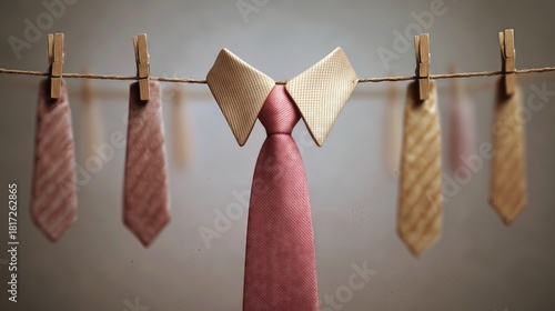 Ties hanging on a rope with one tie and collar shaped like a shirt.