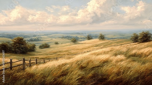 Golden field scene with rolling hills, fence, and cloudy sky, painted