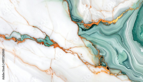 Abstract Swirling Marble Texture with Green and Gold Veins.