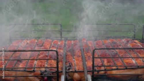 Colorful illustration of fragrant grilled pork ribs on hot coals