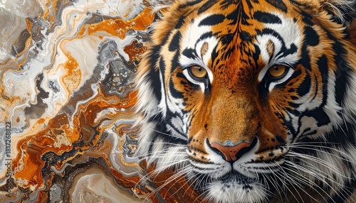 Majestic Tiger Face with Abstract Marble Background.