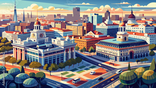 Very beautiful aerial view of downtown Madrid, Spain, revealing a dynamic mix of modern and historic architecture, broad avenues, and vibrant city life under clear natural light.