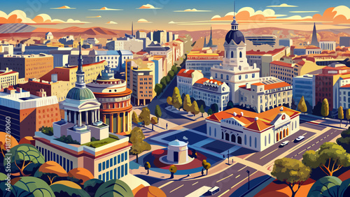 Very beautiful aerial view of downtown Madrid, Spain, revealing a dynamic mix of modern and historic architecture, broad avenues, and vibrant city life under clear natural light.