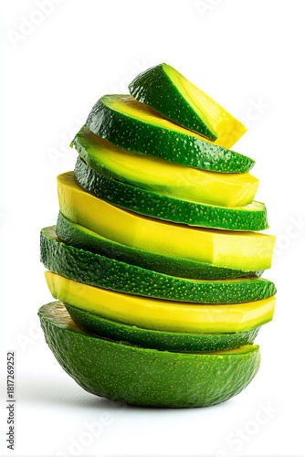 Fette di avocado disposte in una pila artistica, alternate per presentare sia la polpa verde che la buccia, contro un pulito sfondo bianco.