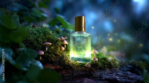 Mystical glass perfume bottle with a golden cap glowing softly among moss and tiny mushrooms in a dark forest setting with magical fireflies and dreamy blue lighting.
